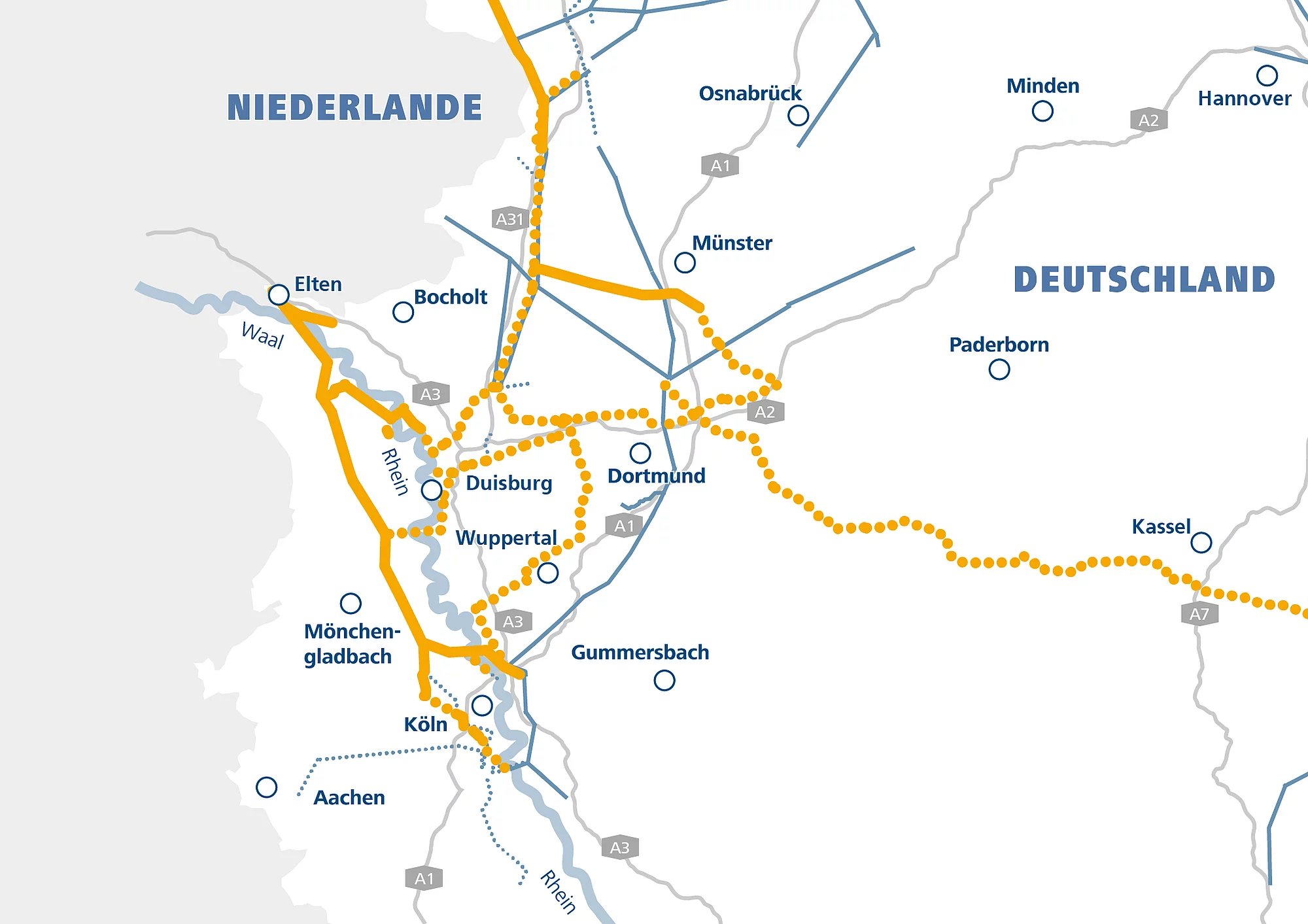 Karte des Wasserstoff-Kernnetzes mit dem geplanten Leitungsverlauf von Thyssengas in NRW und Niedersachsen.