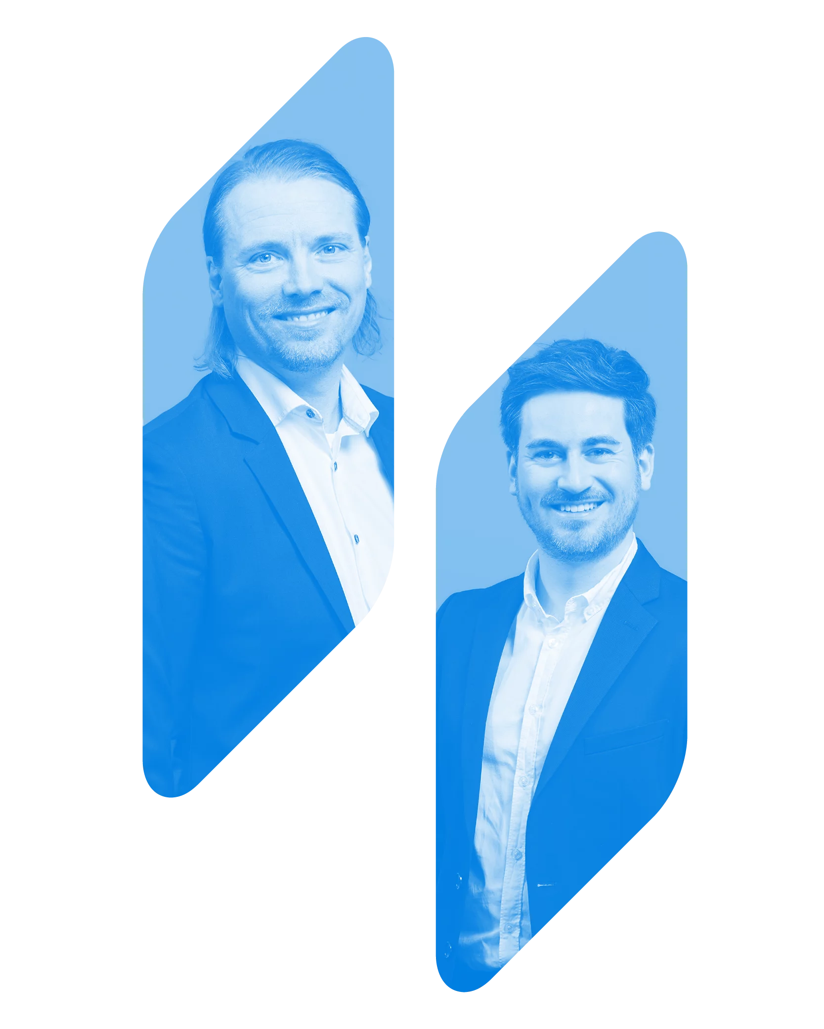 Blau getönte Portrait-Collage von zwei lächelnden Thyssengas-Ansprechpartnern in moderner, geometrischer Anordnung.