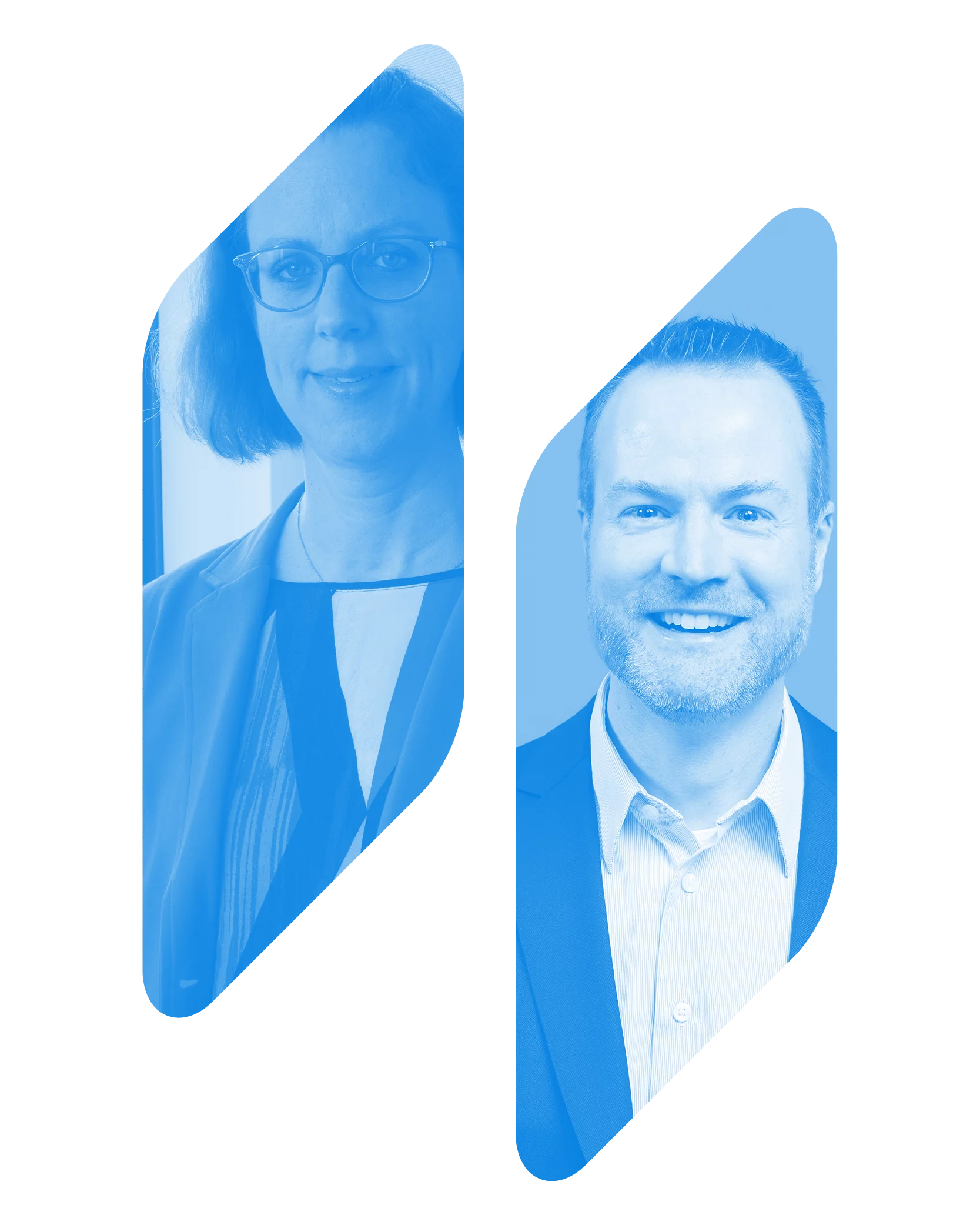Blau getönte Portrait-Collage der Ansprechpartner Catherina Berkhoff (links) und Markus Rottmann (rechts).