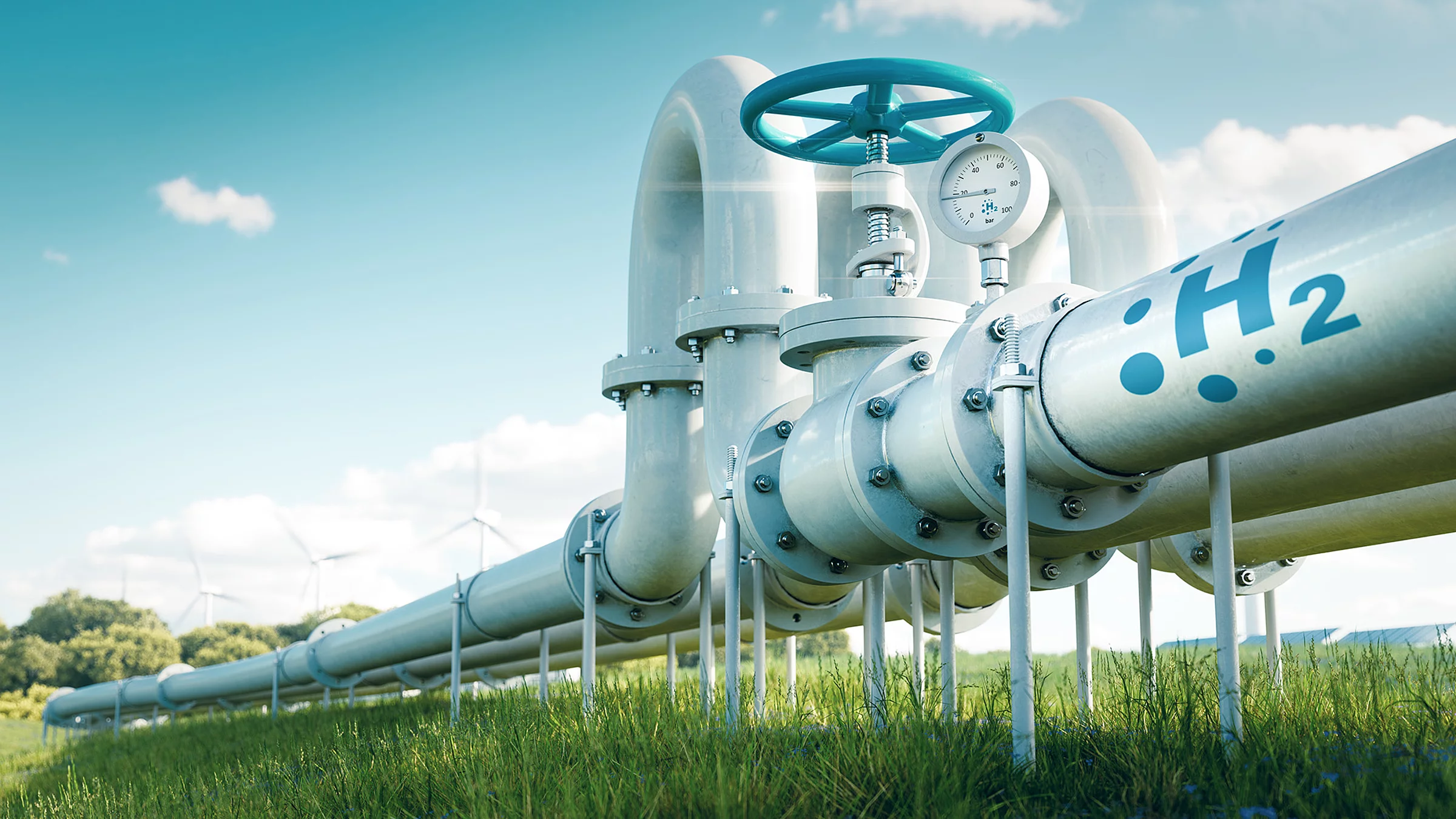 Wasserstoff-Pipeline mit H2-Logo und Windrädern als Symbol für den GET H2 Wasserstoff-Markthochlauf.