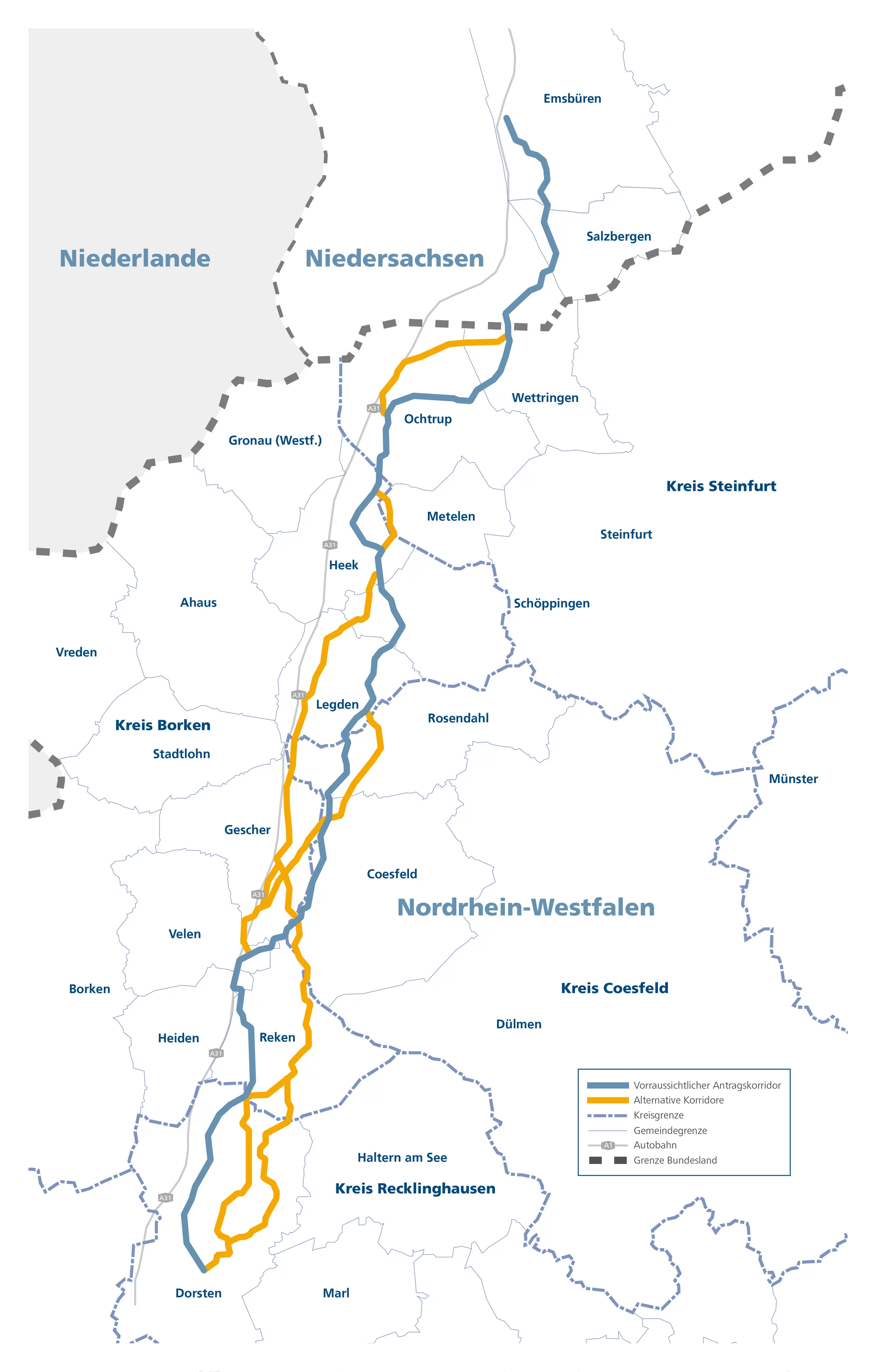 Karte des voraussichtlichen und der alternativen Trassenkorridore für eine Pipeline von Dorsten nach Salzbergen.