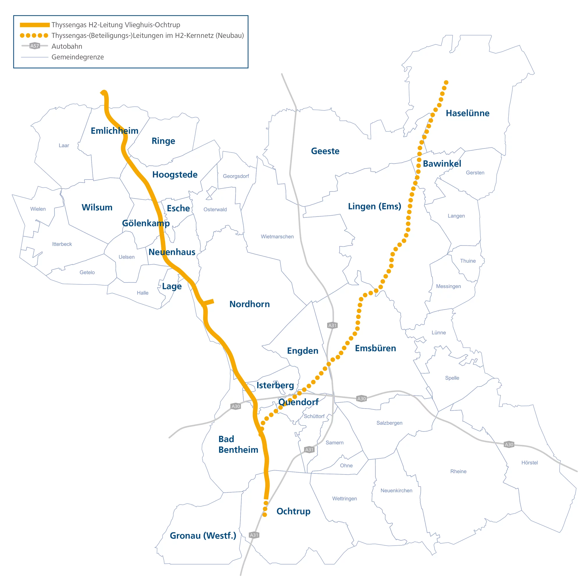 Karte der Wasserstoff-Leitung Vlieghuis-Ochtrup und der Beteiligungs-Leitungen im H2-Kernnetz.