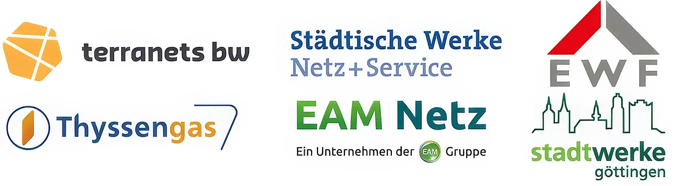 Logo-Collage der Projektpartner für die Wasserstoff-Infrastruktur, darunter Thyssengas, terranets bw und EAM Netz.