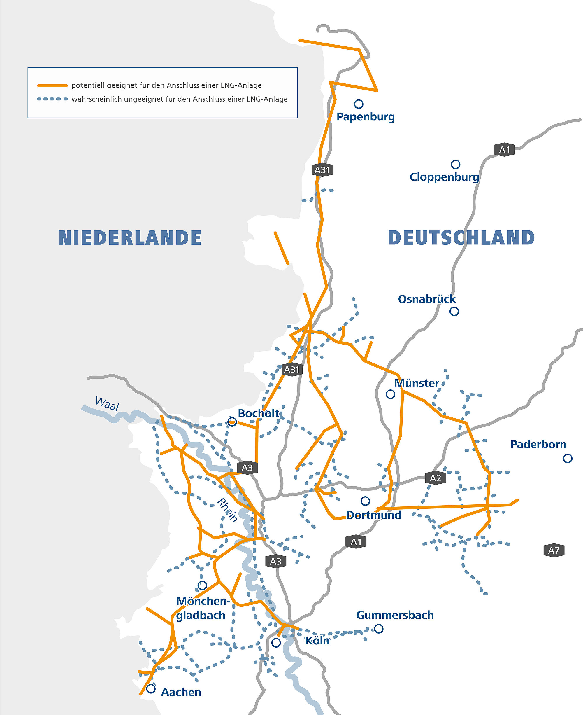LNG-Gasnetzkarte mit farblicher Kennzeichnung potenziell geeigneter Leitungen für einen LNG-Anlagenanschluss.