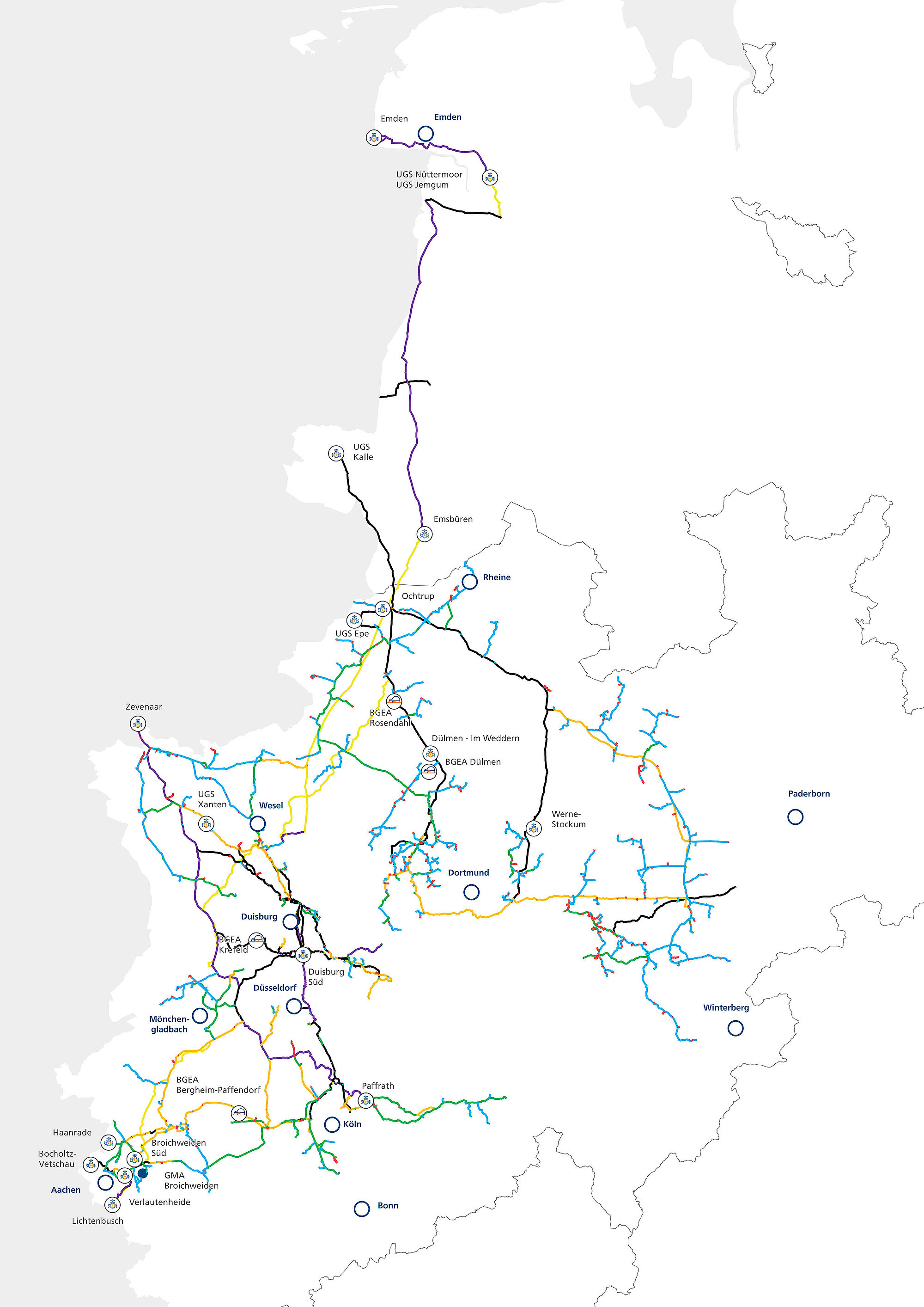 Netzkarte des Thyssengas-Fernleitungsnetzes, farblich nach den unterschiedlichen Leitungsdurchmesserklassen gegliedert.