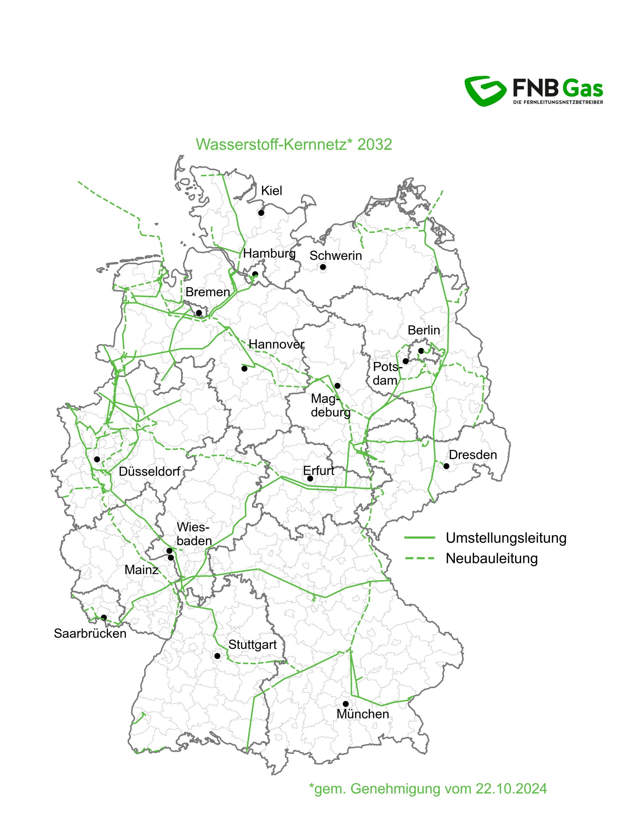 Karte des geplanten Wasserstoff-Kernnetzes 2032 in Deutschland, herausgegeben von der FNB Gas.