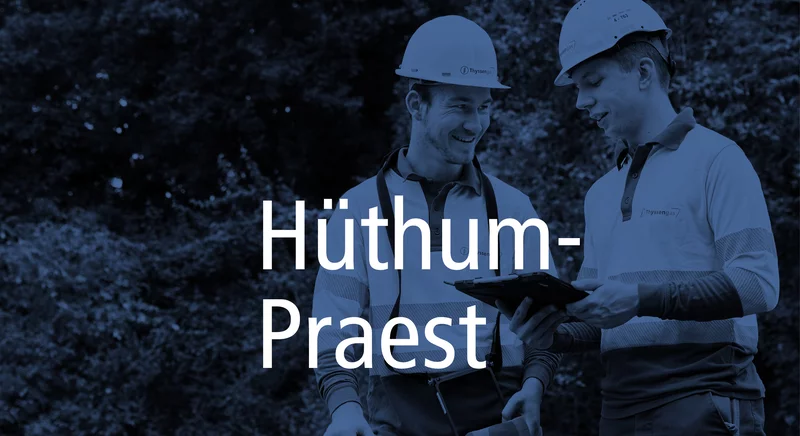 Teaser-Bild für das Wasserstoff-Projekt Hüthum-Praest mit zwei Thyssengas-Technikern.