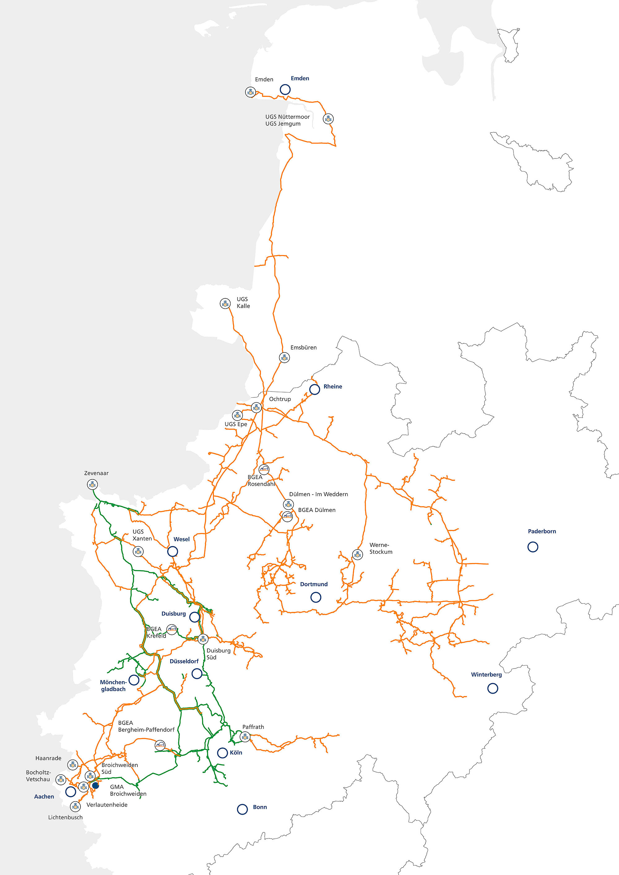 Netzkarte des Thyssengas-Fernleitungsnetzes mit farblicher Unterscheidung der Leitungen für H-Gas und L-Gas.