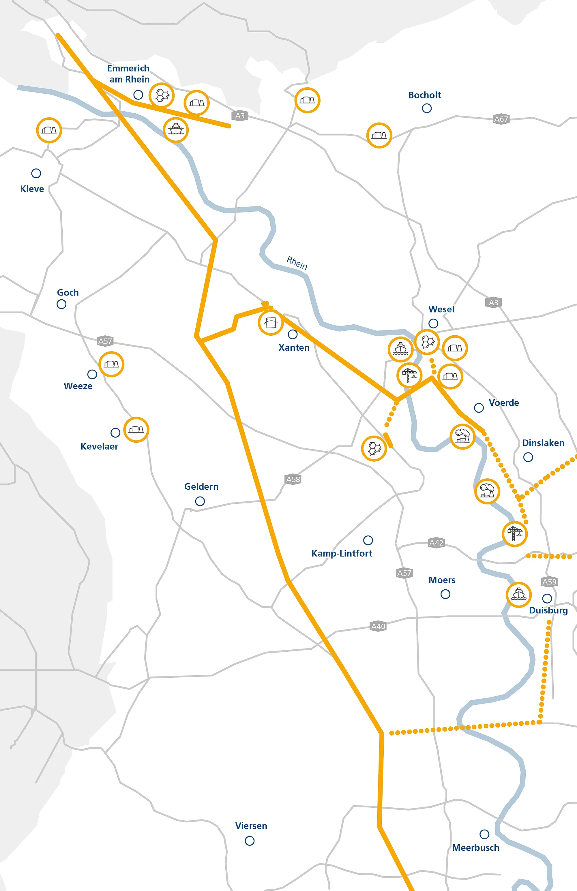 Karte des H2-Clusters Niederrhein mit geplanten Wasserstoff-Leitungen und der angeschlossenen Industrie in der Region.