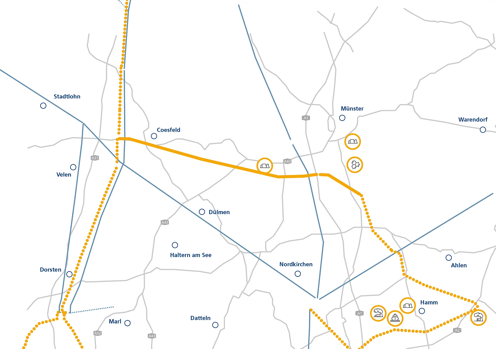 Karte des H2-Clusters Münster-Hamm mit geplanten Wasserstoff-Leitungen und der angeschlossenen Industrie.
