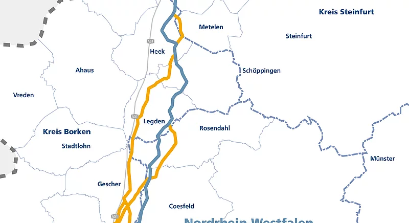 Karte des voraussichtlichen und der alternativen Trassenkorridore für eine Pipeline von Dorsten nach Salzbergen.
