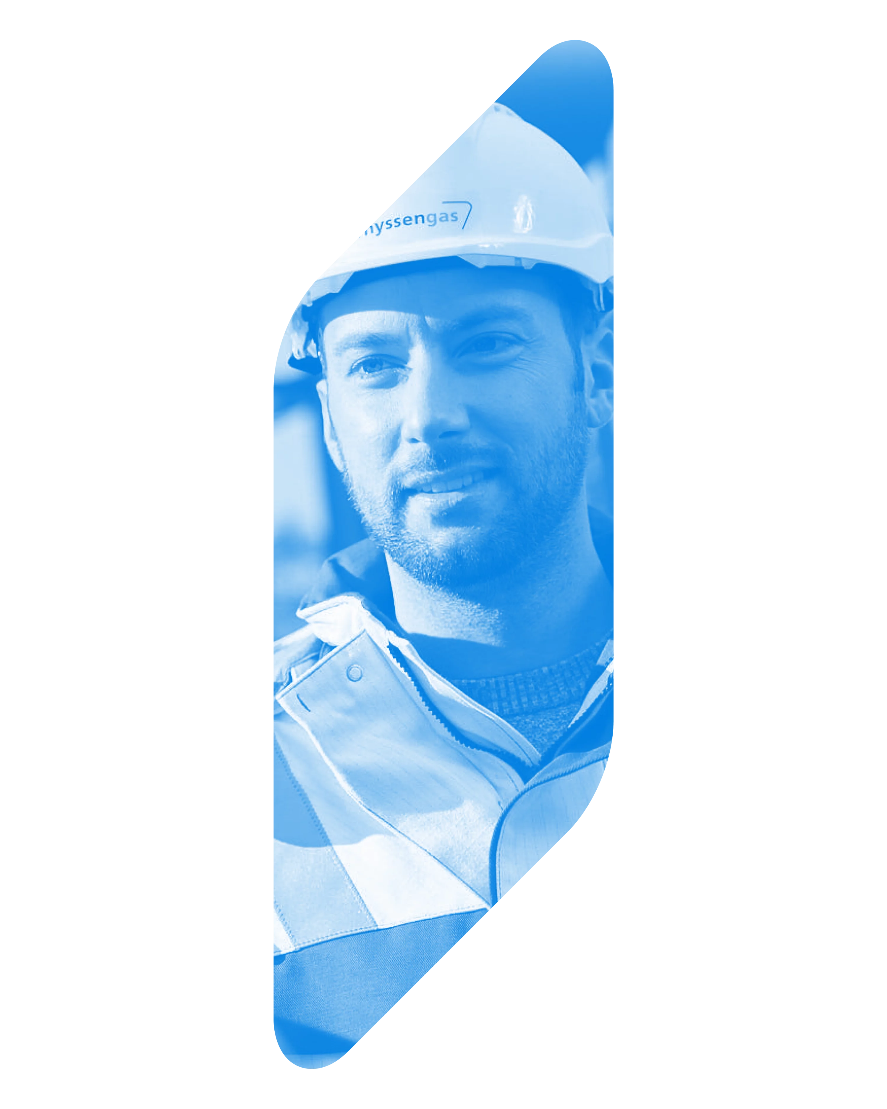 Blau getöntes, geometrisch geschnittenes Portrait von Marvin Zwillus, Wasserstoff-Projektleiter bei Thyssengas.
