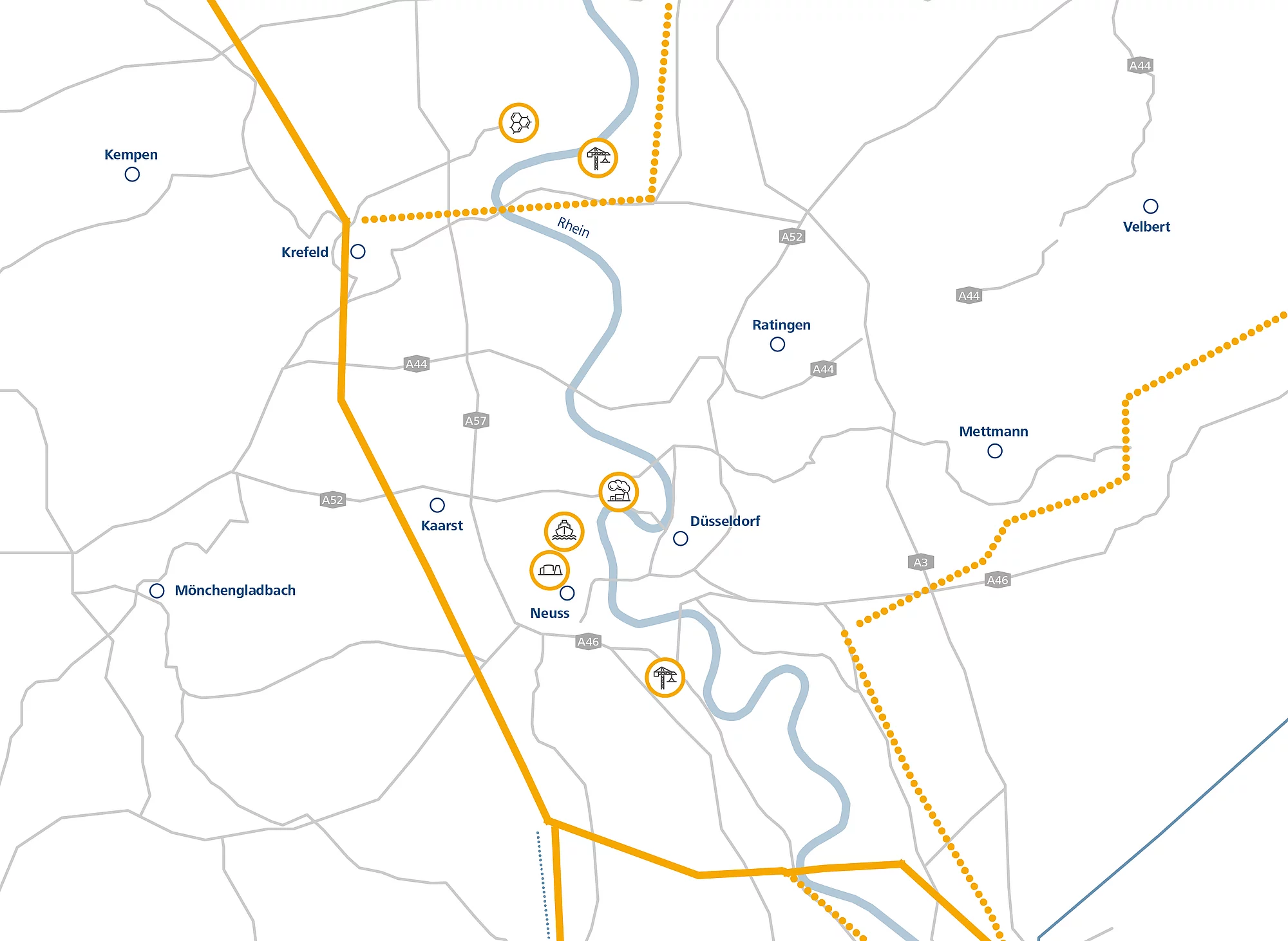 Karte des H2-Clusters Mittlerer Niederrhein mit geplanten Wasserstoff-Leitungen und der angeschlossenen Industrie.