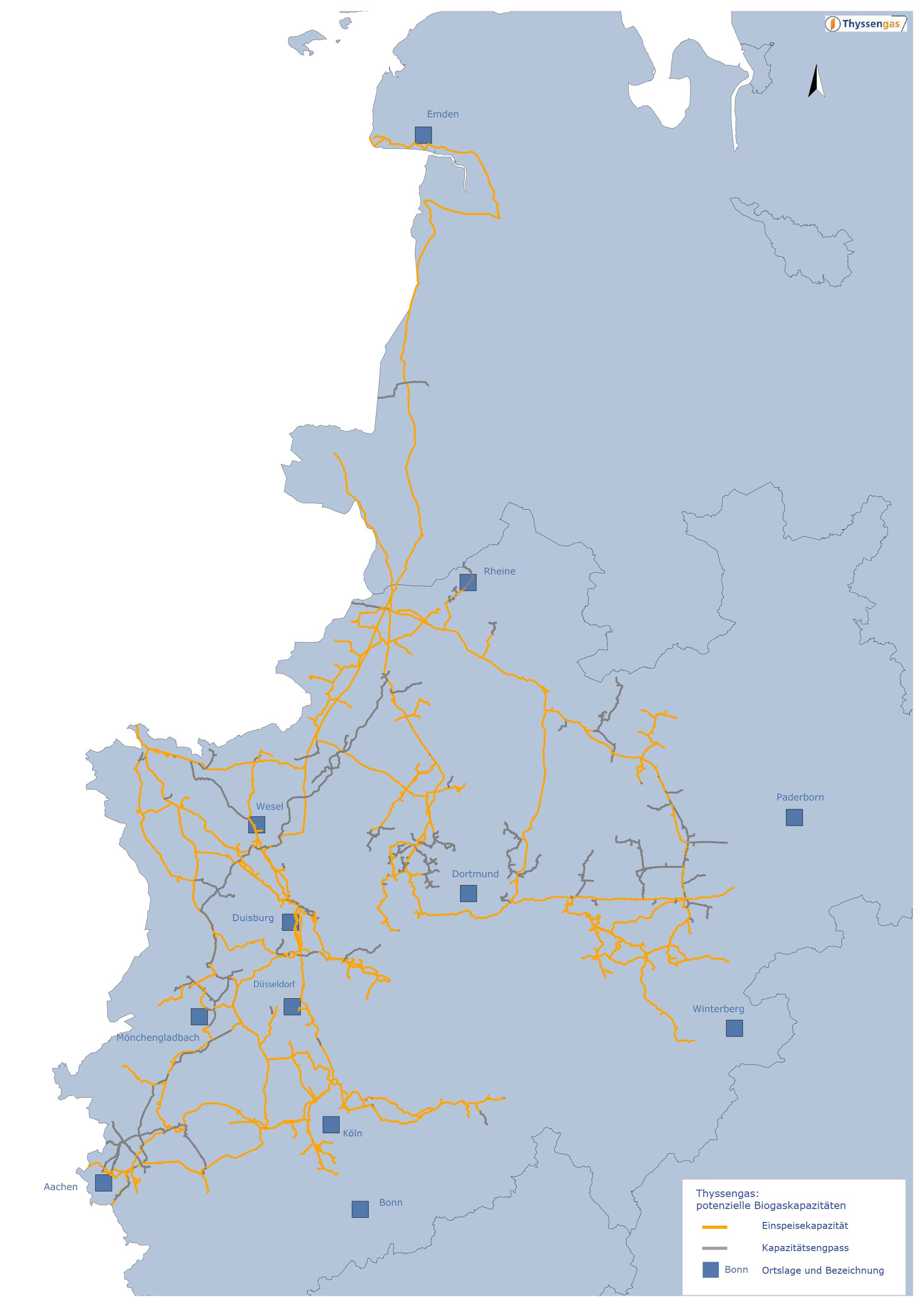 Biogas-Netzkarte von Thyssengas, die potenzielle Einspeisekapazitäten und Kapazitätsengpässe im Netz anzeigt.