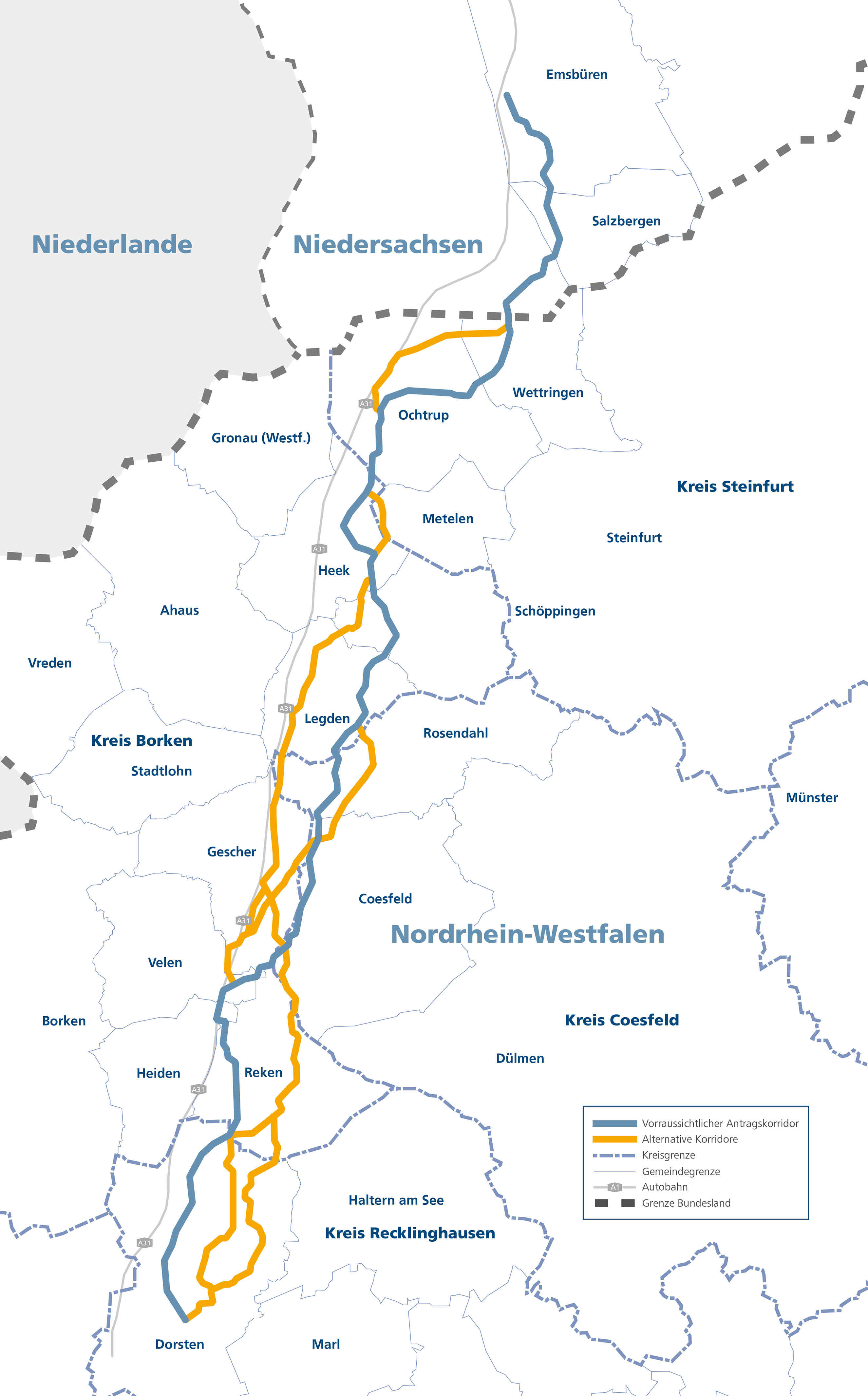 Karte des voraussichtlichen und der alternativen Trassenkorridore für eine Pipeline von Dorsten nach Salzbergen.