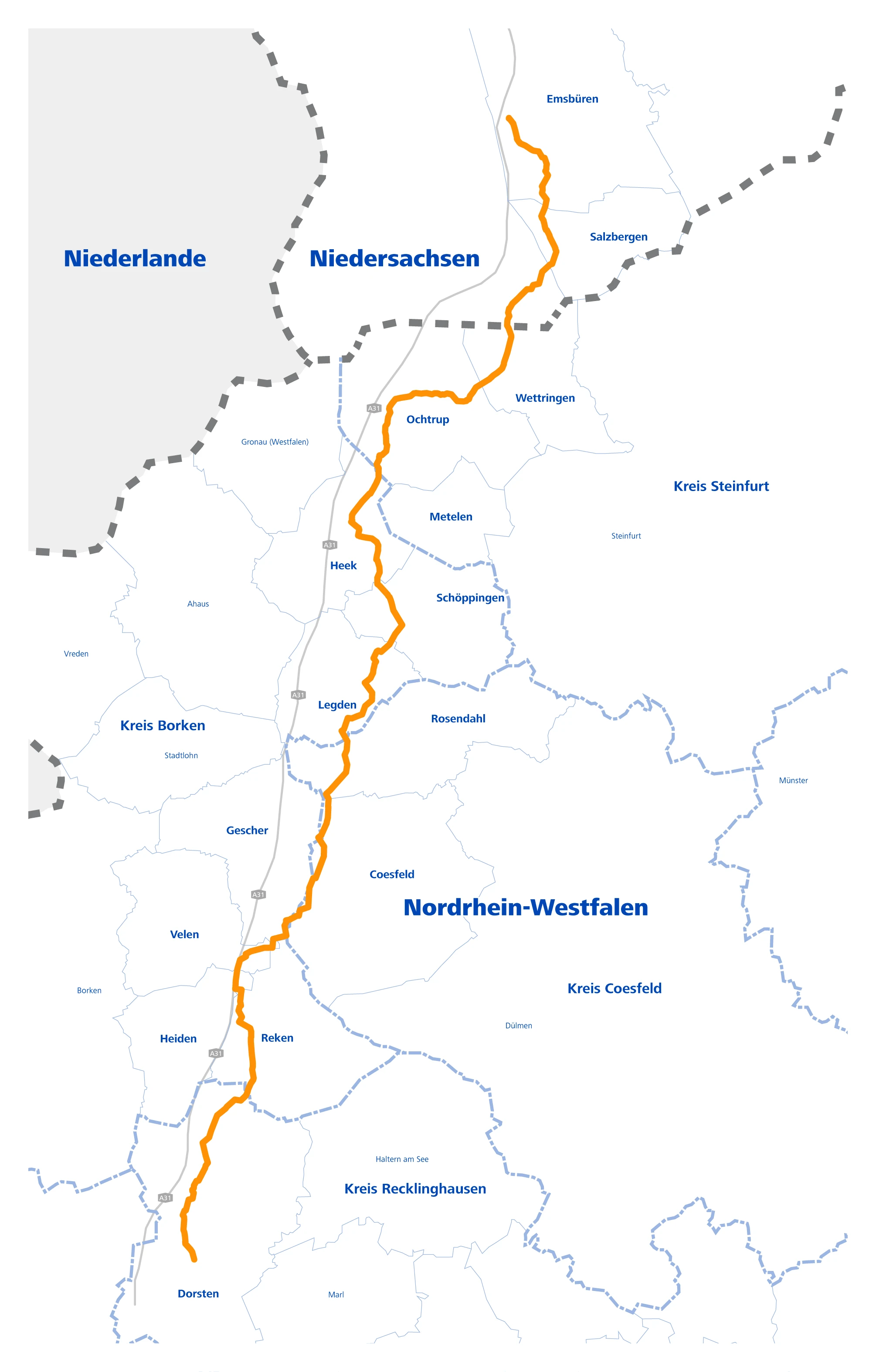 Karte des voraussichtlichen und der alternativen Trassenkorridore für eine Pipeline von Dorsten nach Salzbergen.