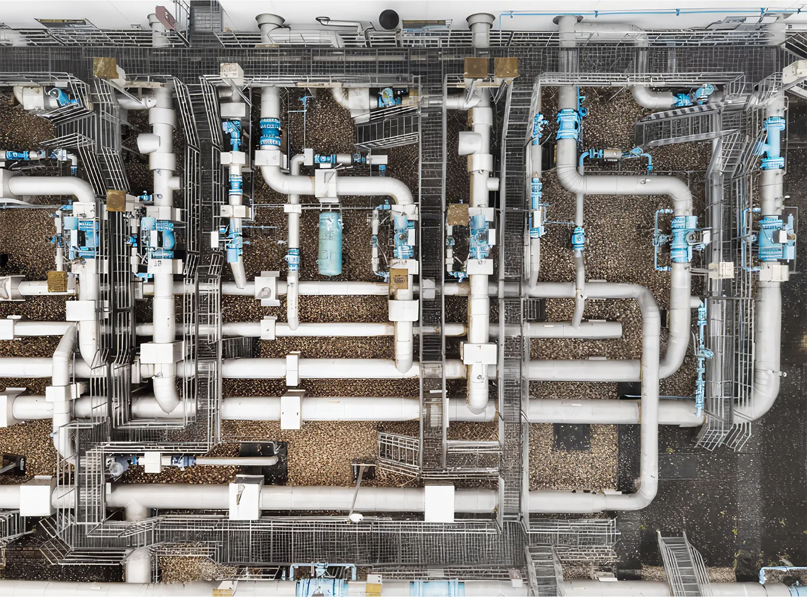 Luftaufnahme einer Gas-Verdichterstation: Dichtes Netz aus Rohrleitungen, Armaturen und Gitterrosten von oben.